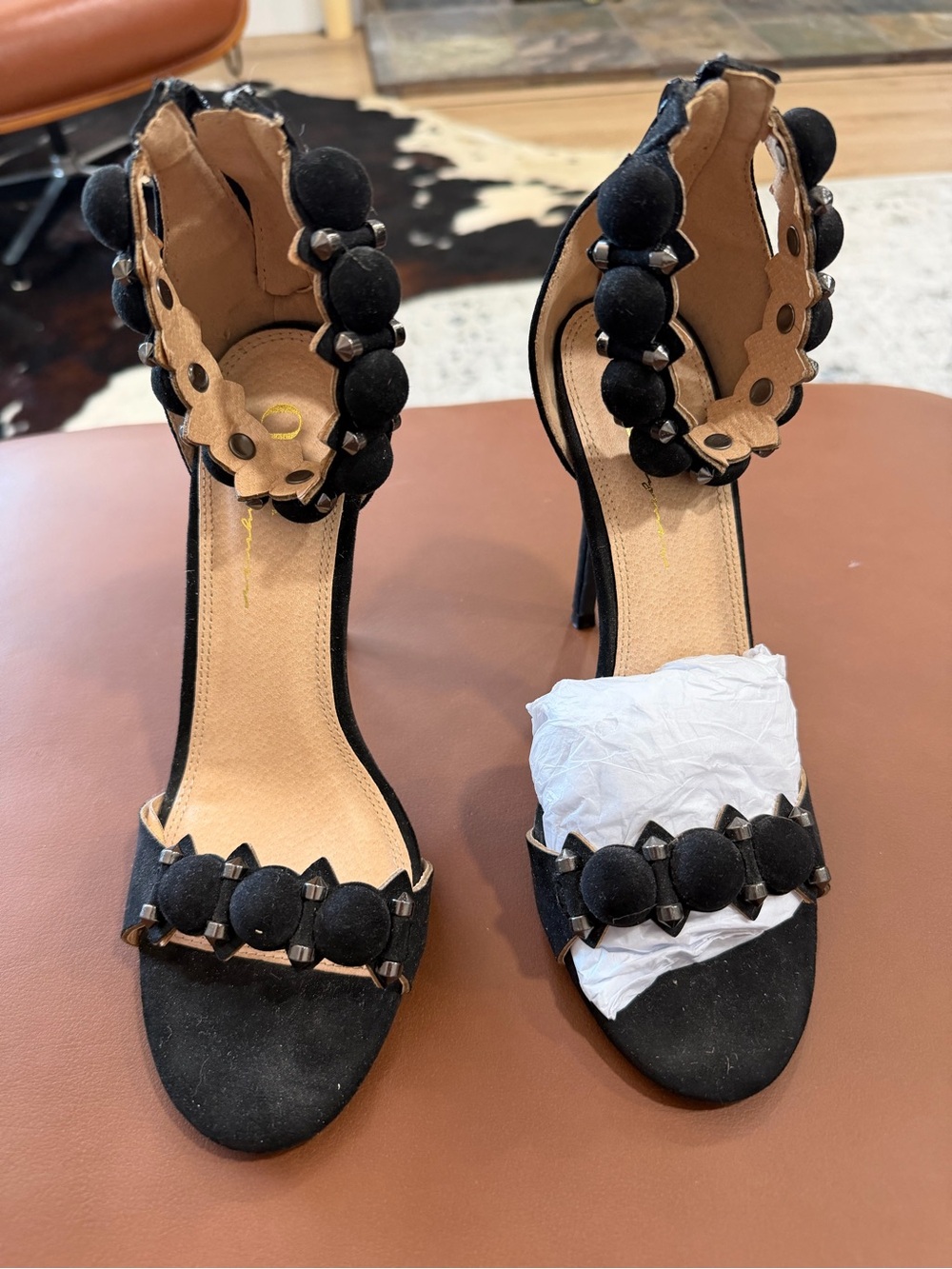 Women's Black Beaded Ankle-Strap Heels